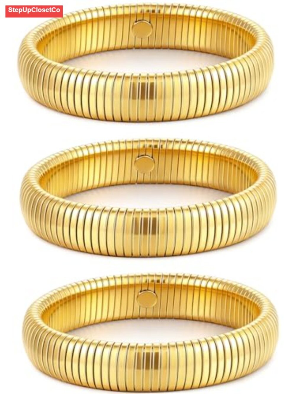 Gold Bangles Set of 3 Chunky Stretch Bangle Bracelets 24K Gold Plated Stainless